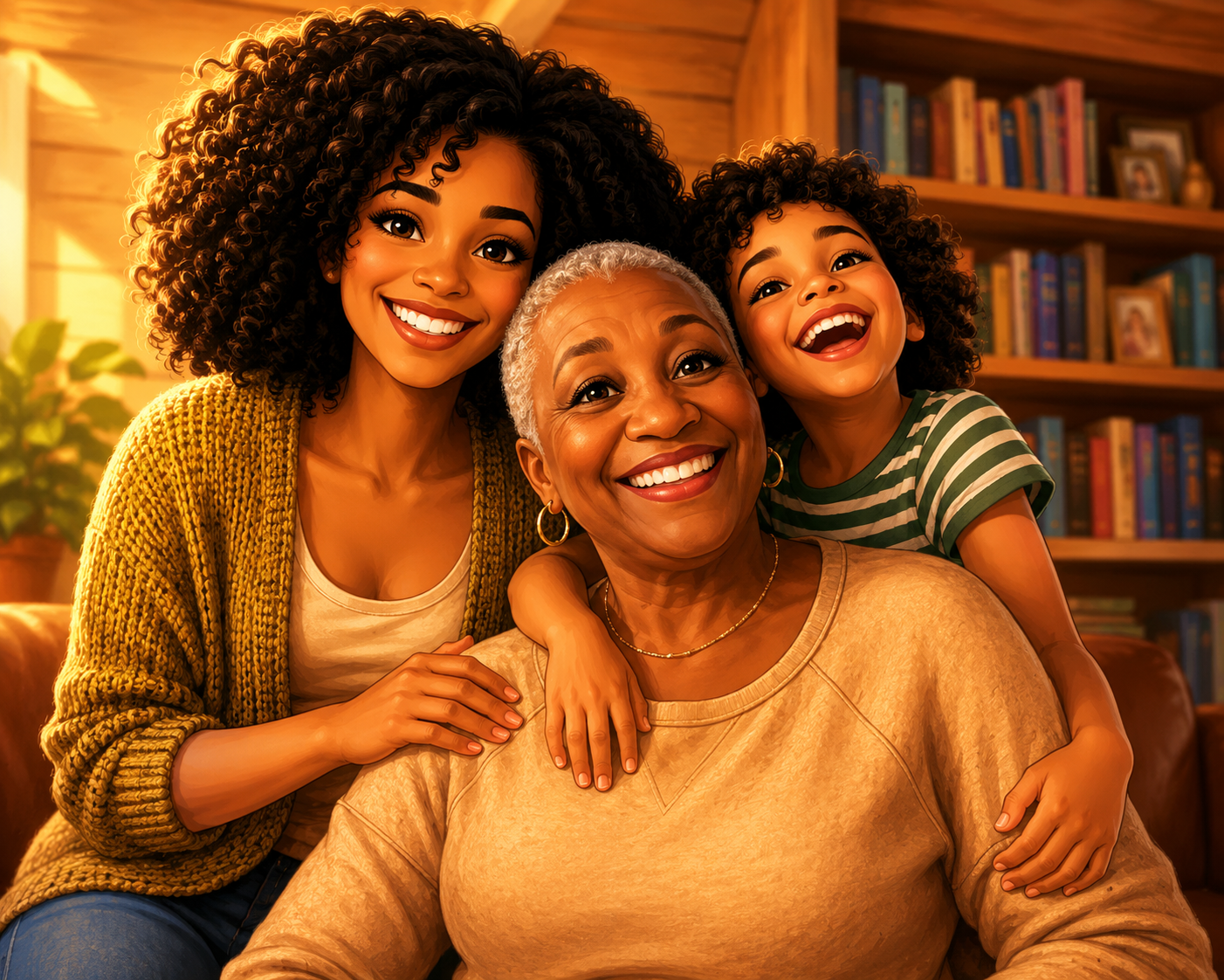 Sample warm family portrait illustration with a mother, grandmother, and child smiling together.