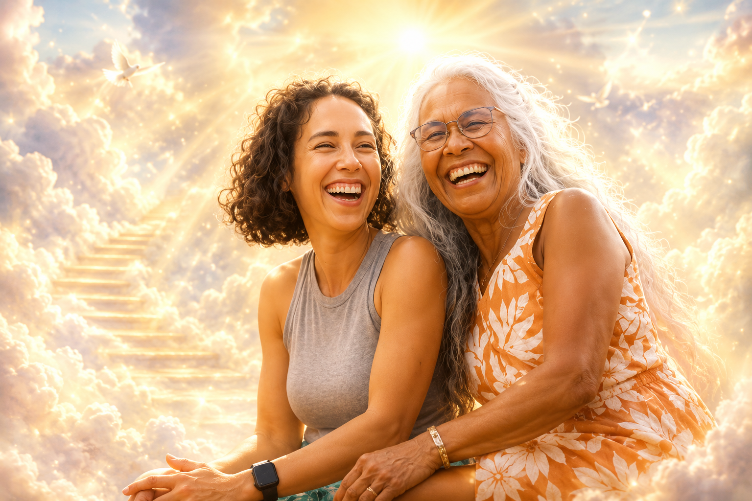 Sample mother and daughter memorial tribute portrait in a soft glowing sky scene.