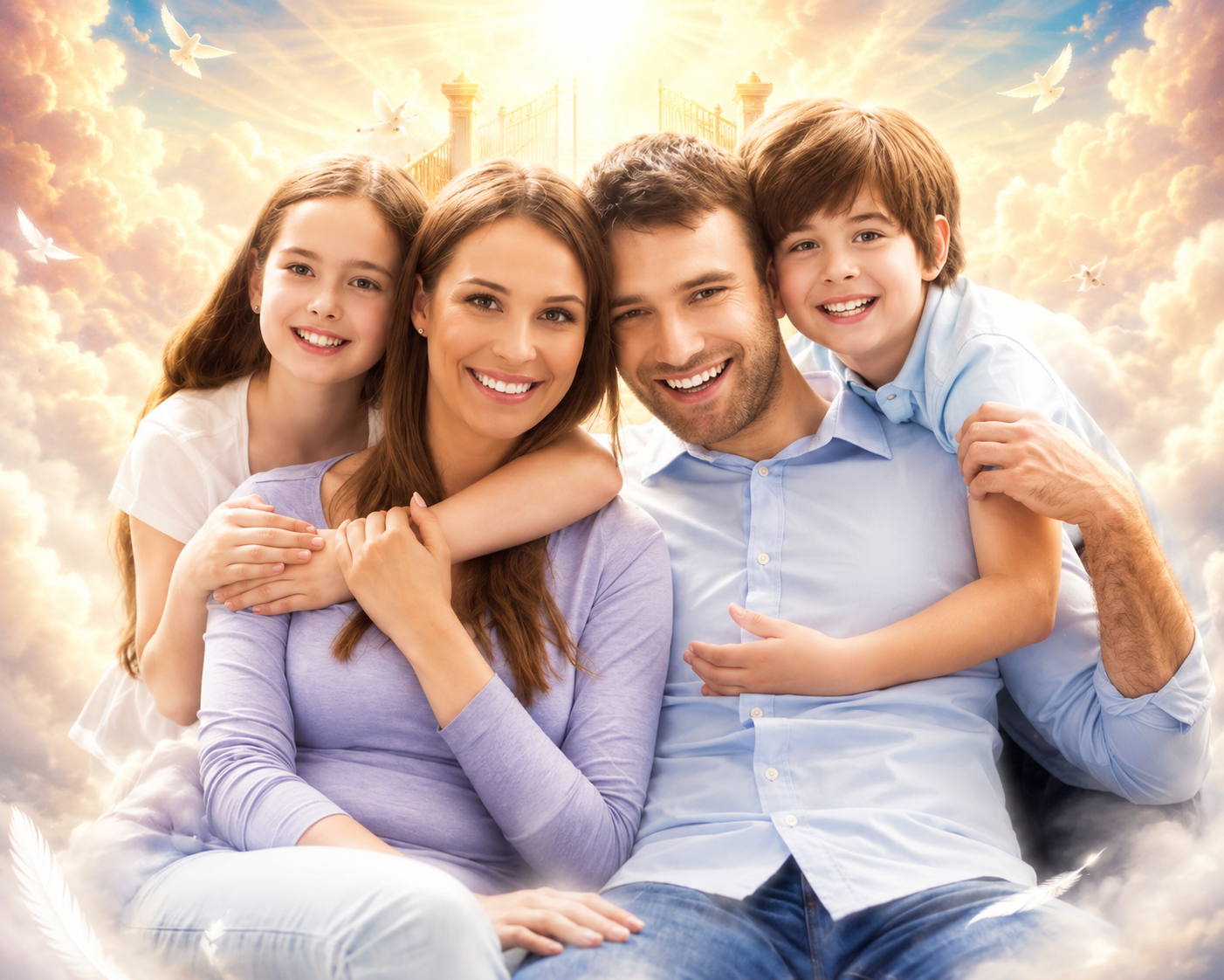 Sample memorial tribute featuring parents and children framed by soft clouds and doves.