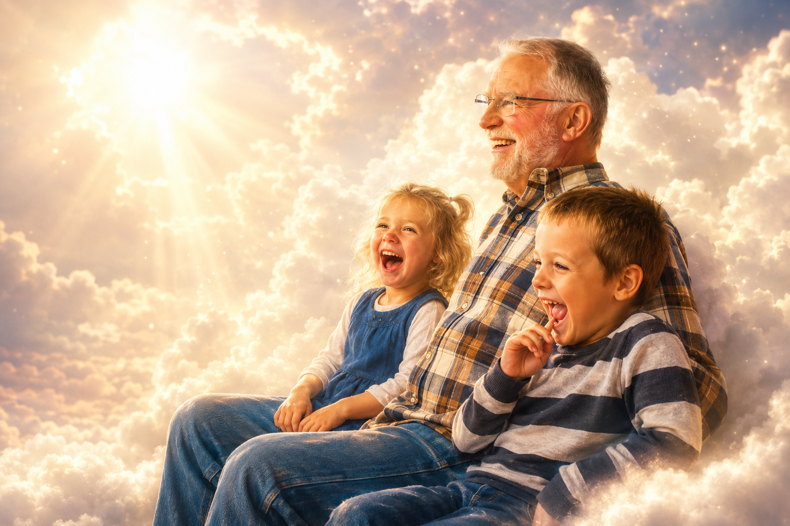 Sample grandfather memorial tribute with grandchildren in a bright cloud-filled scene.