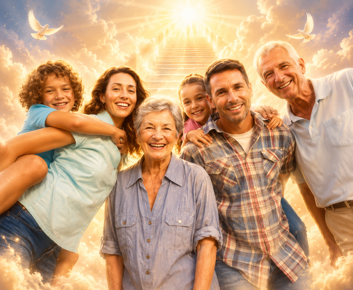 Family memorial tribute sample with heavenly light and multiple generations together.