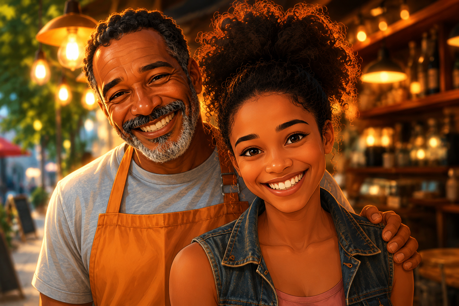 Sample event-style portrait illustration with a father and daughter smiling in a glowing evening setting.